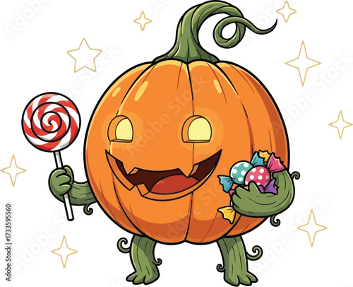 Cute pumpkin character holding a lollipop and a bag of candy, halloween illustration for kids and decoration