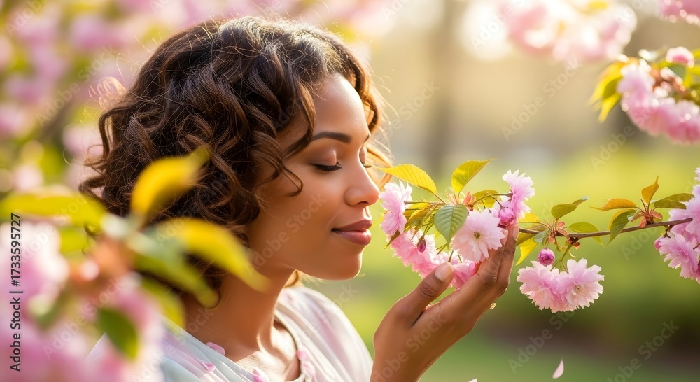Fototapeta premium Woman enjoying the scent of pink blossoms in springtime sunshine and nature's beauty and aroma bliss