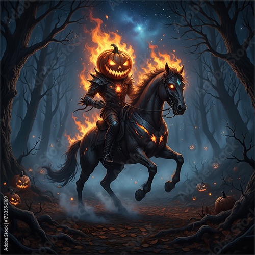 Flaming Headless Horseman Riding Dark Horse in Haunted Forest