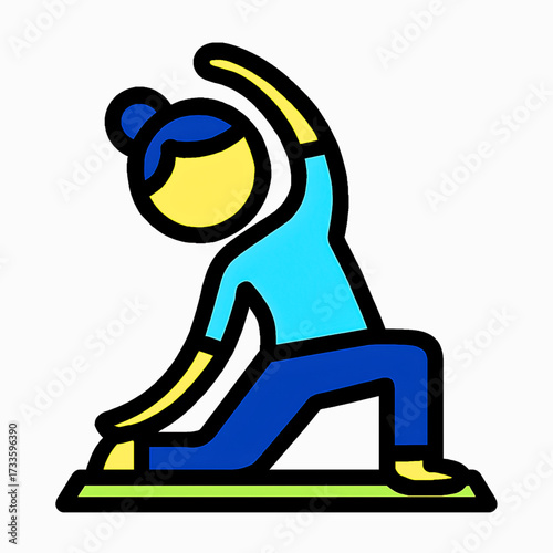 Flat outline vector illustration of a person stretching and doing yoga on a mat