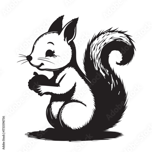 Minimalist cartoon squirrel illustration in side profile, sitting upright with a curled bushy tail and holding a nut