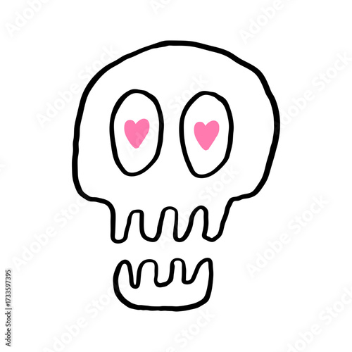 Cute Love Skull. Doodle Skull with Heart Eyes.