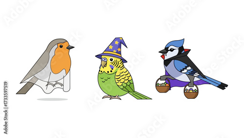 Avian Trio in Costume: A charming illustration of three delightful birds, each adorned in whimsical costumes, evoking a sense of playful fantasy and Halloween fun.