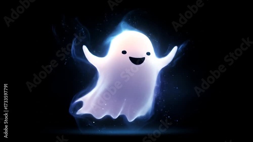 Cartoon ghost character illustration with glowing aura on dark backdrop