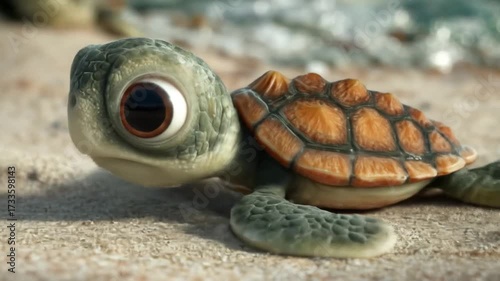 Close up of a sea turtle on the beach looking towards the viewer