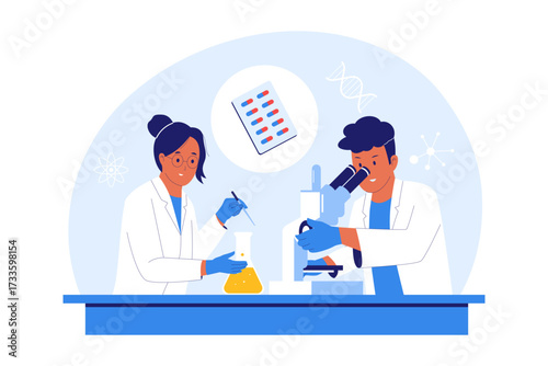 Illustration of New Drug Research and Pharmaceutical Development. Scientists Working in a Lab on Chemical Formulas and Genetic Data