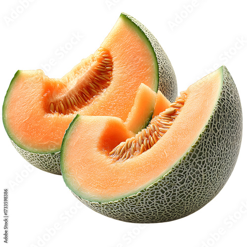 Freshly sliced cantaloupe melon pieces showing orange flesh and seeds isolated on transparent background