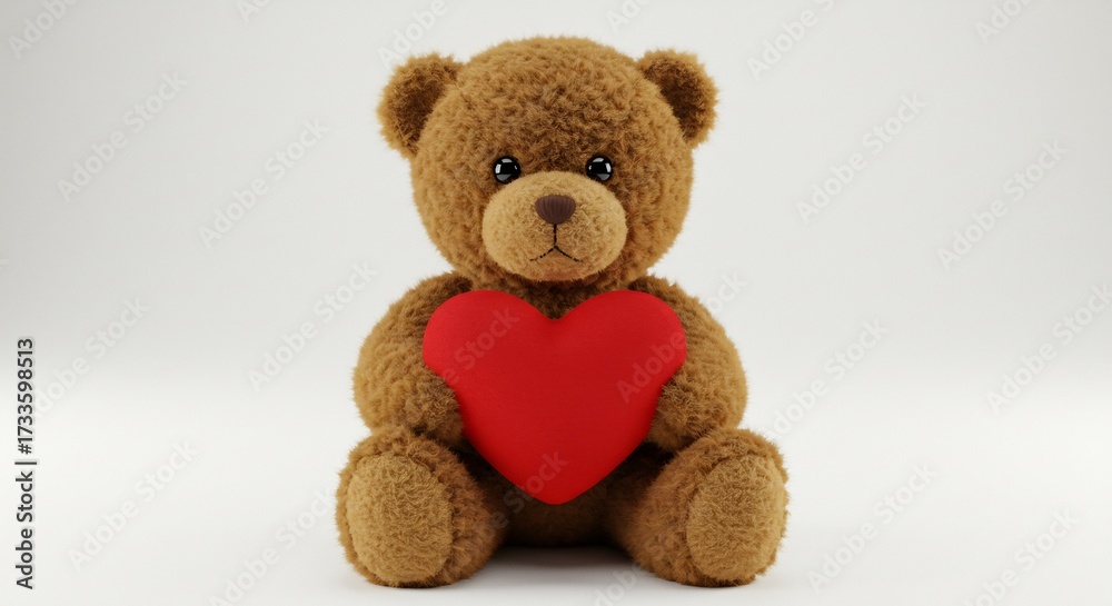 Obraz premium 愛らしい茶色のテディベアが真っ赤なハートを優しく抱き締める白い背景に柔らかな光が温かく差し込む一枚. AI Generated