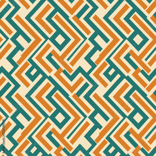Retro Geometric Maze Pattern in Orange and Teal,Seamless Abstract Line Design with Vintage Color Tones,Bold Angular Tile Print with a Mid-Century Modern Feel