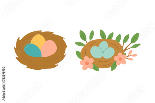 Vector illustration of bird nests with colorful eggs, flat cartoon doodle style isolated.