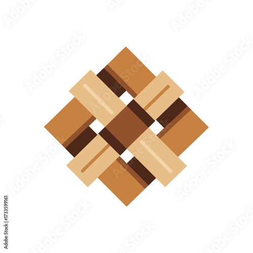 Interwoven brown and beige wooden planks forming a square pattern on a white background.