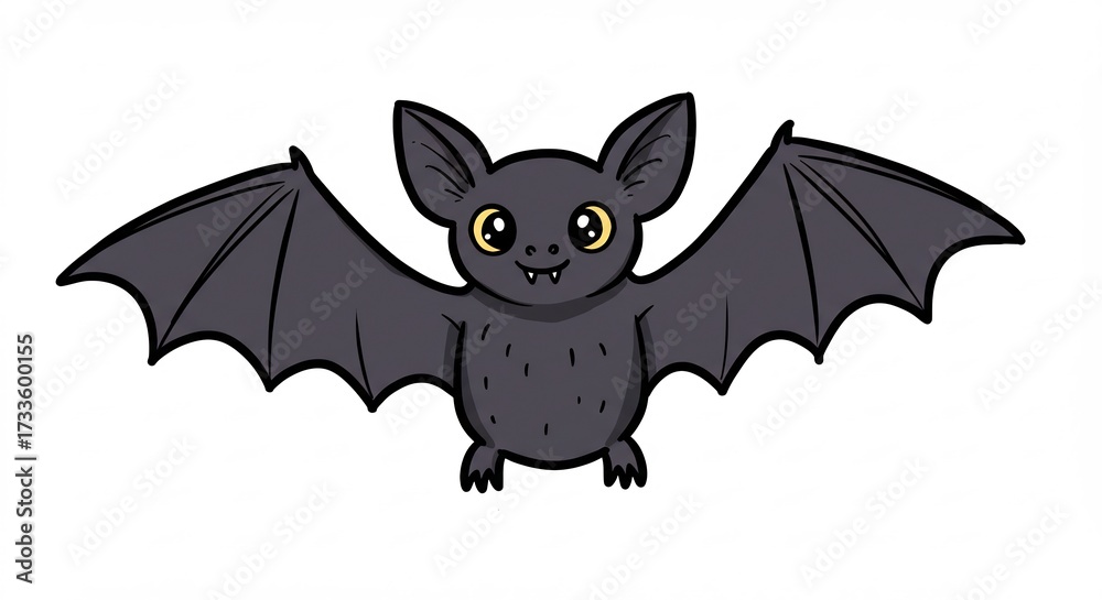 Obraz premium シンプルな白い背景でキラキラ輝く大きな瞳の可愛いコウモリが両翼を広げ軽やかに飛ぶ愛らしい漫画風イラストレーション. AI Generated