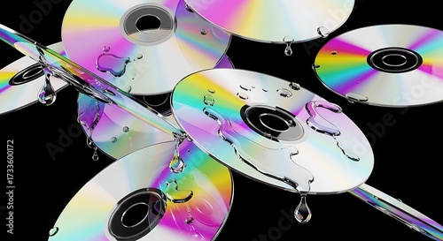 Illustration of abstract arrangement of cds with water droplets and rainbow iridescent reflections on a black background