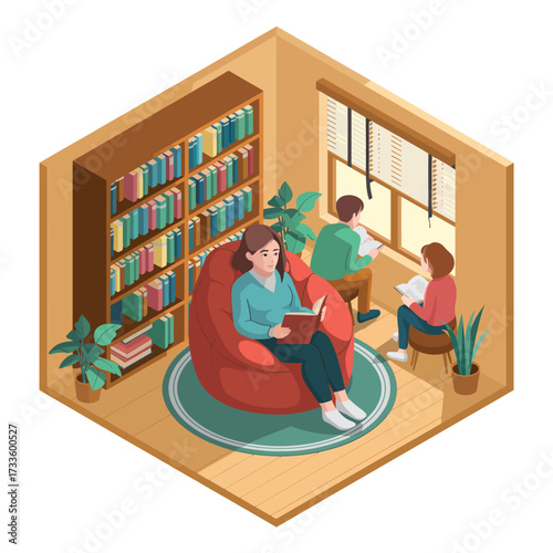 Isometric illustration of people reading in a cozy library room with bookshelves and plants Keywords: isometric, library, room, interior, reading
