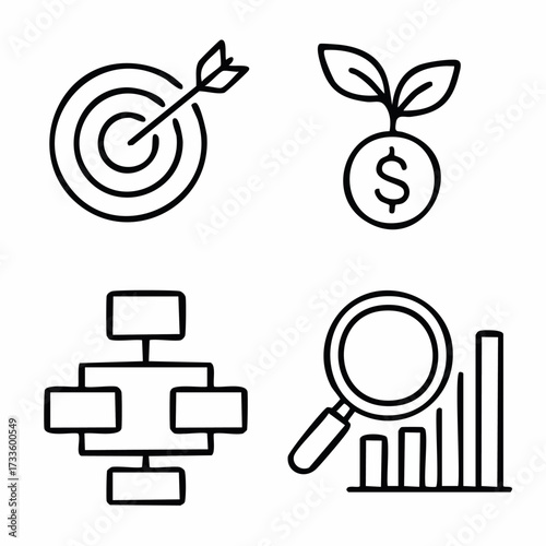 Set of four editable line icons representing key business concepts target market growth plan business model and market research for strategic planning