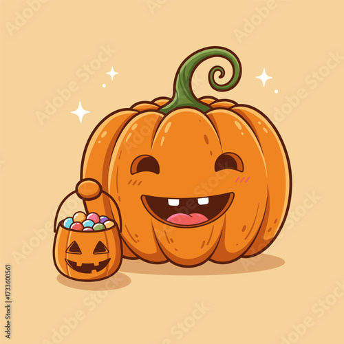 Joyful pumpkin with a curly stem and blushing cheeks beside a candy-filled jack-o'-lantern bucket on a sparkly beige background.