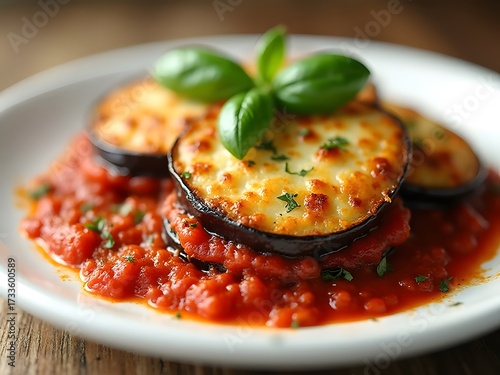 Creamy Eggplant Parmesan Bake: Close-up of baked eggplant parmesan with golden cheese crust, layers of tomato sauce, and fresh basil leaves on a white ceramic plate.