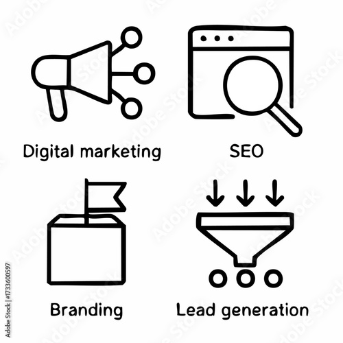 Set of four thin line editable icons representing digital marketing search engine optimization branding and lead generation strategies for business growth