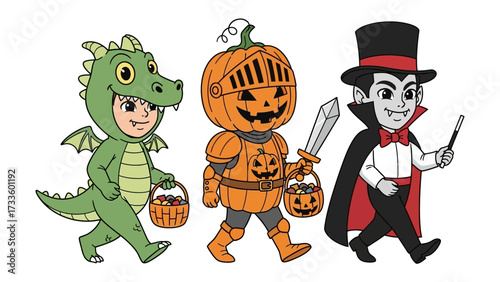 Enchanting Halloween Trio: A whimsical illustration depicts three trick-or-treaters in charming Halloween costumes, each ready for a night of spooky fun.