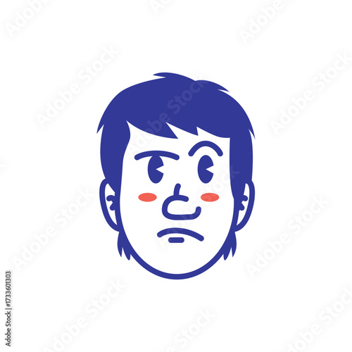 Cartoon vector illustration of a man’s face showing suspicious, doubtful expression with blush cheeks. Perfect for emoji, mascot, sticker, icon, and character design in EPS format
