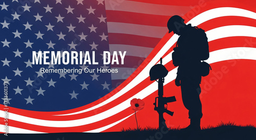 American Memorial Day Background with Soldier Silhouette and Poppy flower
