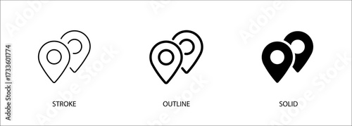 Multiple pin icons for map, multiple locations, location sharing. Editable stroke vector icon, outline and solid. Eps10 file.