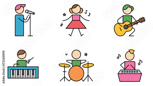 Vector art of collection of music and performance icons includes singer, dancer, guitarist, pianist, drummer, and more