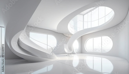 Modern futuristic interior with flowing white architecture and large windows