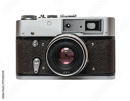 Classic silver and black analog camera with lens facing front