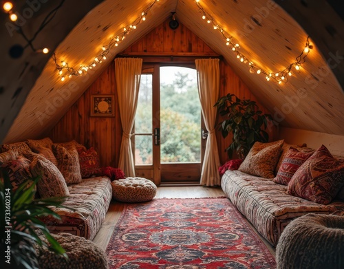 Bohemian dog house interior with patterned cushions, string lights, floor poufs, and colorful rug Generative AI