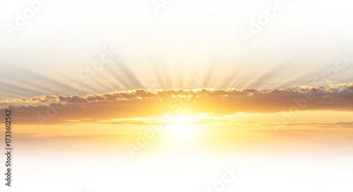 柔らかな雲の隙間からまばゆい太陽の光線が広がり温かい希望を空に描き出す. AI Generated