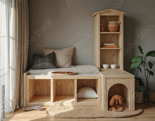 Modern dog house with sleek furniture, raised feeding station, built-in bed, and storage cubbies Generative AI
