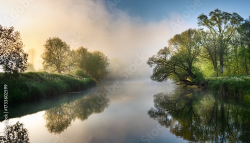 Serene Reflection Of Trees In A Tranquil River Under A Misty Atmosphere
