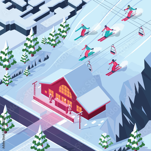 Isometric Ski Slope with Skiers, Cable Cars, and a Red Ski Lodge skiing ski lift