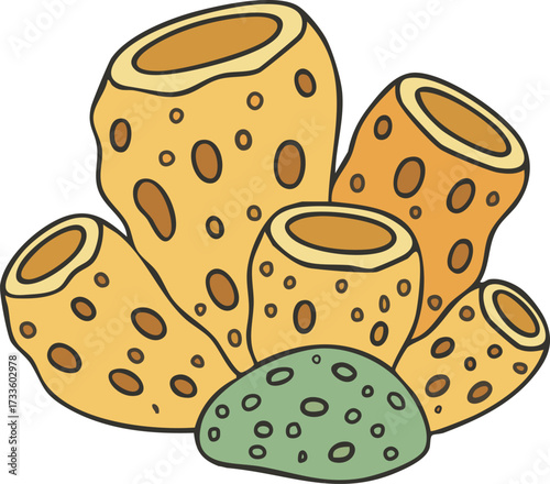 Yellow tube sponges with speckled surfaces