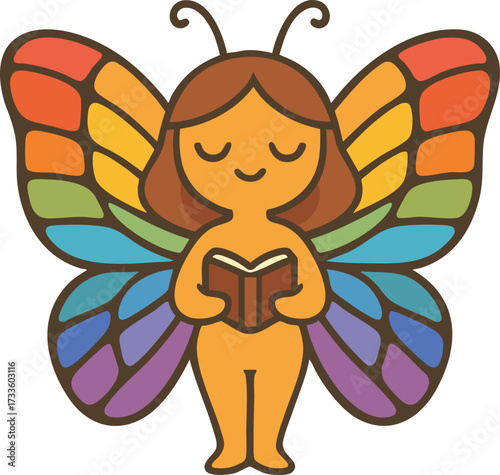 Butterfly fairy girl with rainbow wings and clasped hands