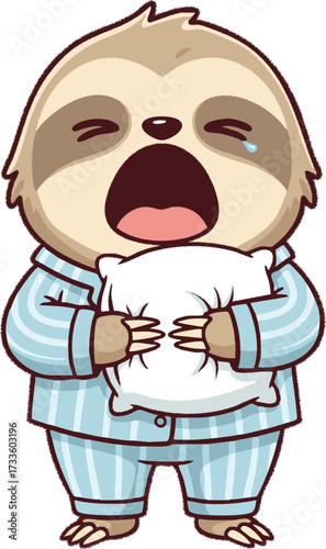 Yawning sloth in striped pajamas ready for bed
