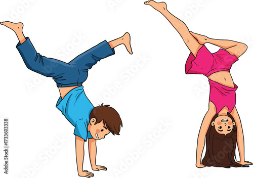 Happy cartoon children doing handstands and cartwheels, boy and girl upside down, gymnastics, exercise, balance, fitness, childhood fun, vector illustration

.