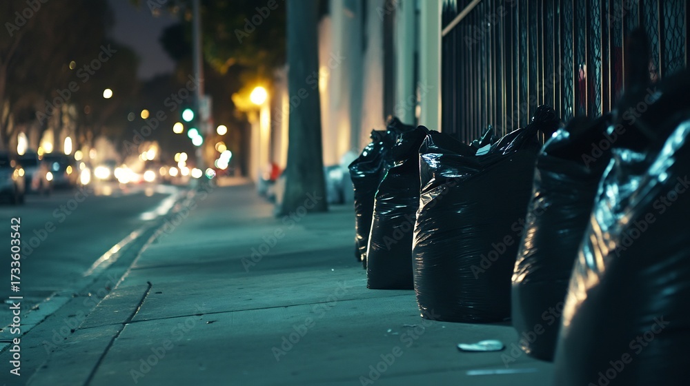 Obraz premium Row of black trash bags neatly lined up on a city sidewalk early in the morning with the soft glow of streetlights casting gentle shadows suggesting urban cleanup efforts