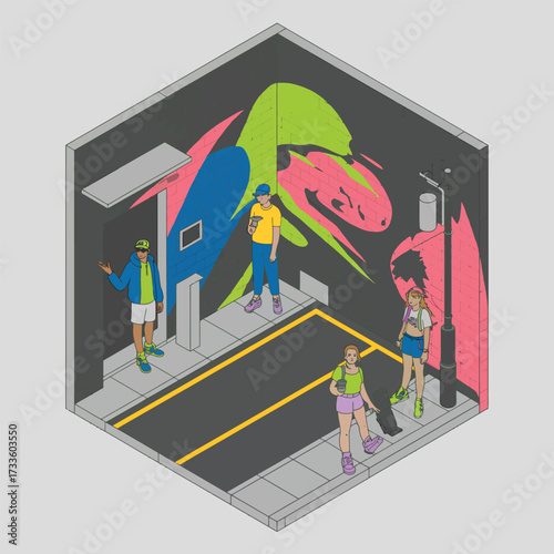 Isometric Urban Scene with Graffiti and Young People street city