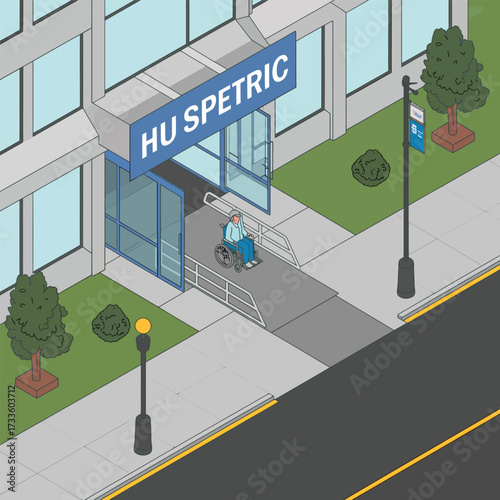 Isometric view of a hospital entrance with a person in a wheelchair using a ramp to enter the building