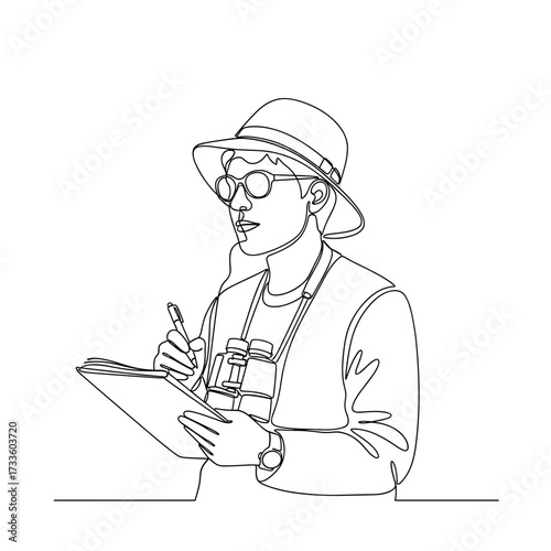 Explorer writing notes with binoculars in minimalist line art style
