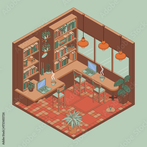 Isometric view of a cozy room with bookshelves, laptops, and plants interior library