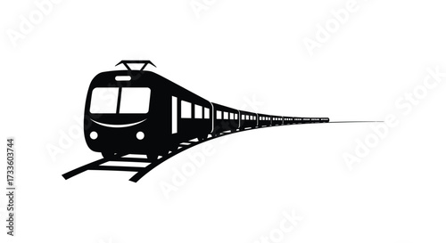 A sleek black silhouette of a modern passenger train speeding forward