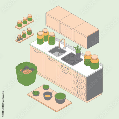 Isometric view of a kitchen counter with cooking ingredients and utensils sink faucet