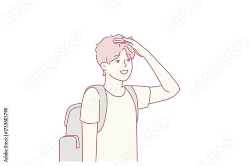 Young man with backpack stand in bushes looking for road. Millennial guy traveler get lost in park searching way out. Travel and navigation. Vector illustration.