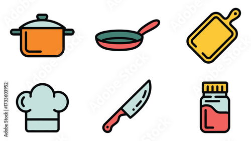 Vector art of collection of kitchen icons featuring a pot, pan, cutting board, chef hat, knife, and spice jar for culinary projects