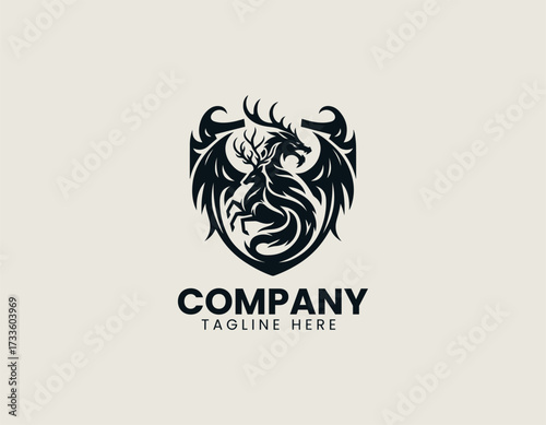 Dragon Deer Shield vector logo illustration