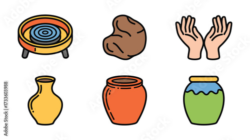 Vector Illustration of pottery equipment and finished products including a wheel, clay, hands, and vases