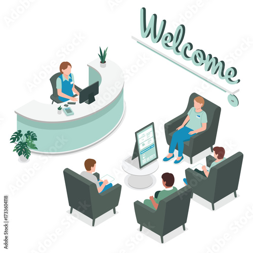 Isometric view of a reception area with people waiting and a receptionist at a desk Keywords: reception, waiting room, office, reception desk